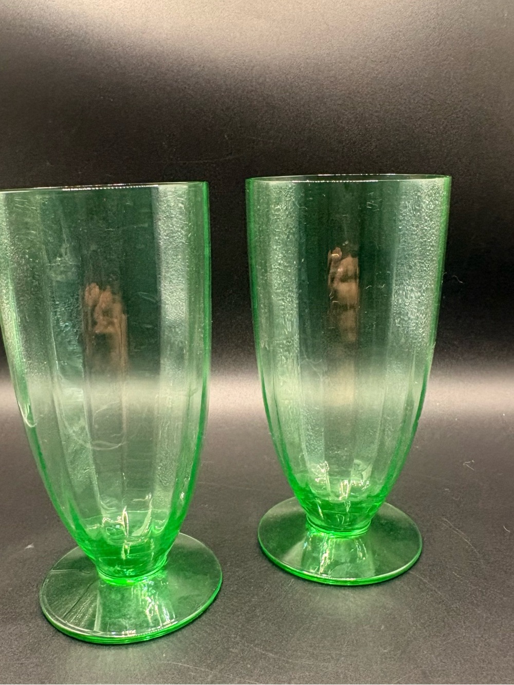 Tiffin Attrib Uranium Green Optic Panel Footed Tumblers Pair 6" UV Glow